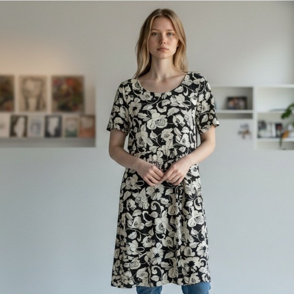 Maeve Anthropologie Dress Womens 4 Black White Floral Short Sleeve Rayon Mini
